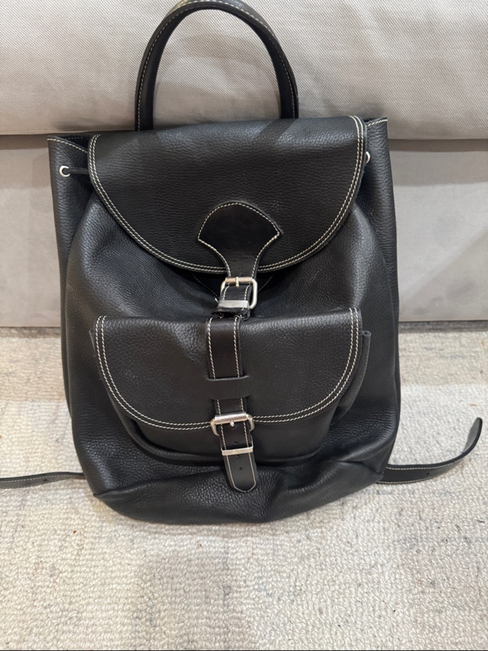 Roots Black Leather Men's Backpack with Front Buckle Pocket